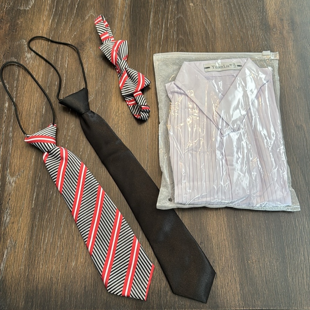 YOUTH BOYS WHITE TUXEDO BUTTON DOWN SIZE 12, 2 TIES & BOW TIE- NEW IN PACK